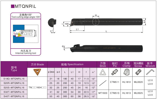 Lathe Turning Holder  S16Q/S18Q/S20R/S25S/S32T/S40T-MTQNR16/MTQNL22