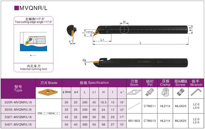 Lathe Turning Holder  S20R/S25S/S32T/S40T/S50U-MVQNR16/MVQNL16