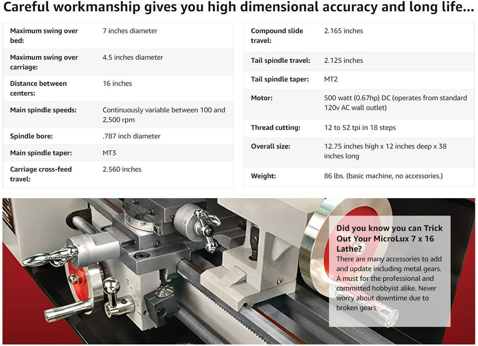 MicroLux® 7x16 Benchtop "True Inch" Lathe